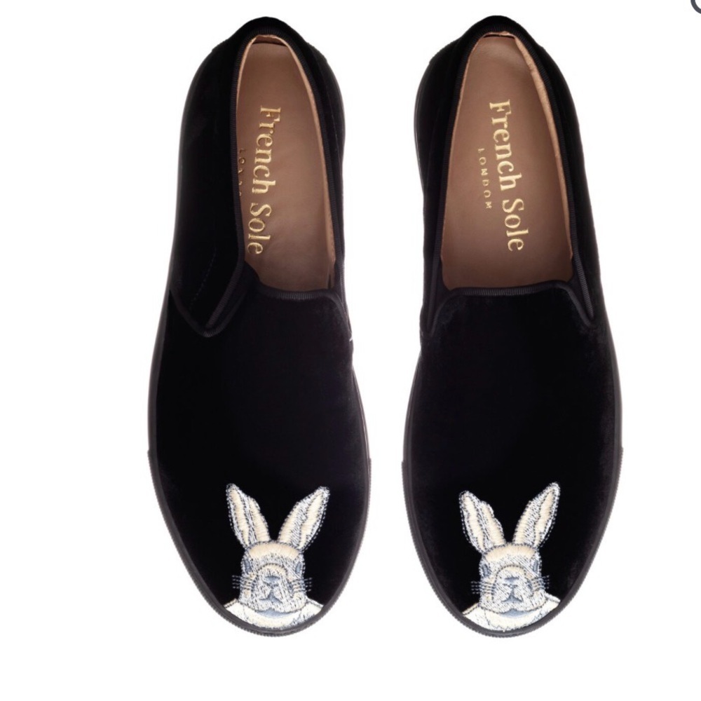 French Sole Black Velvet Loafers with Bunny Embroidery